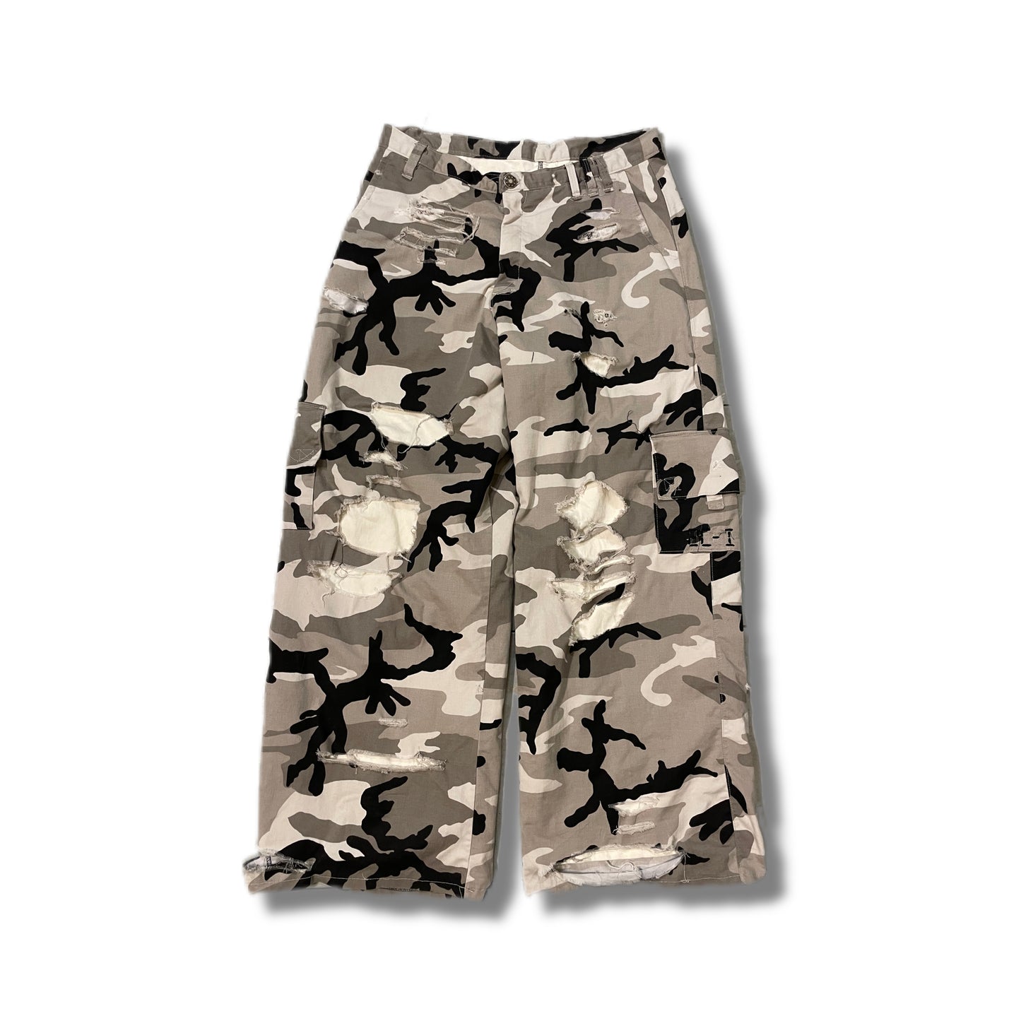 Distressed camo cargo pants