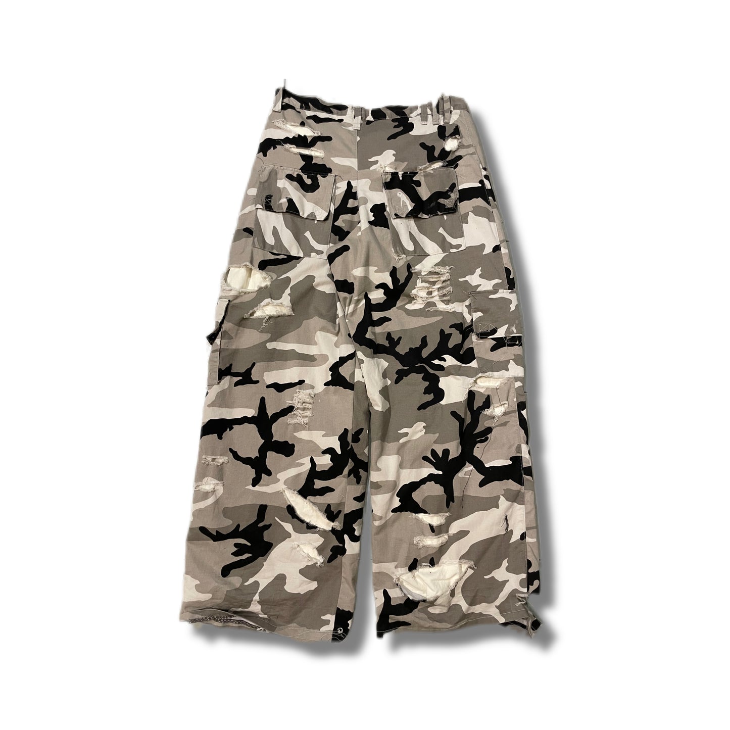 Distressed camo cargo pants